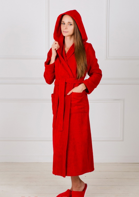 Женский махровый халат с капюшоном (Красный)