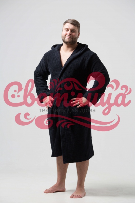Мужской классический махровый халат с капюшоном (Черный)